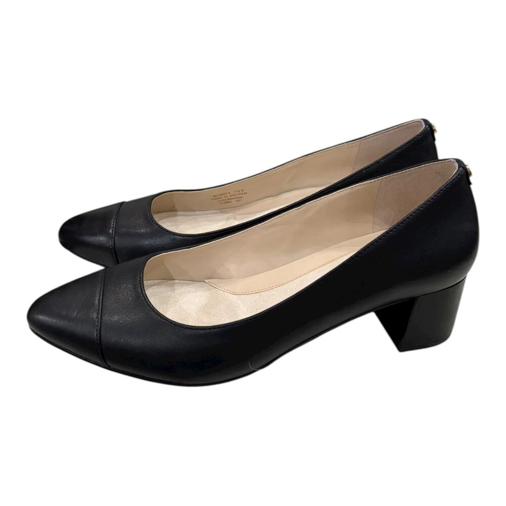 Black Leather Block Heel Pumps - Women